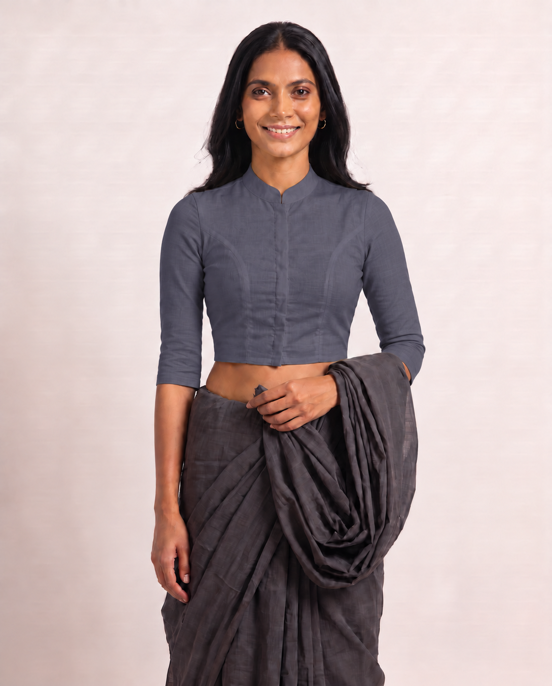 Slate Grey 3/4 Sleeve Front Open Classic Blouse - 4.png