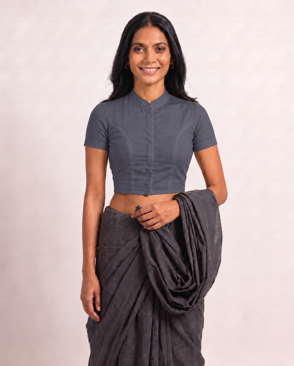 Slate Grey Short Sleeve Front Open Classic Blouse - 4.png
