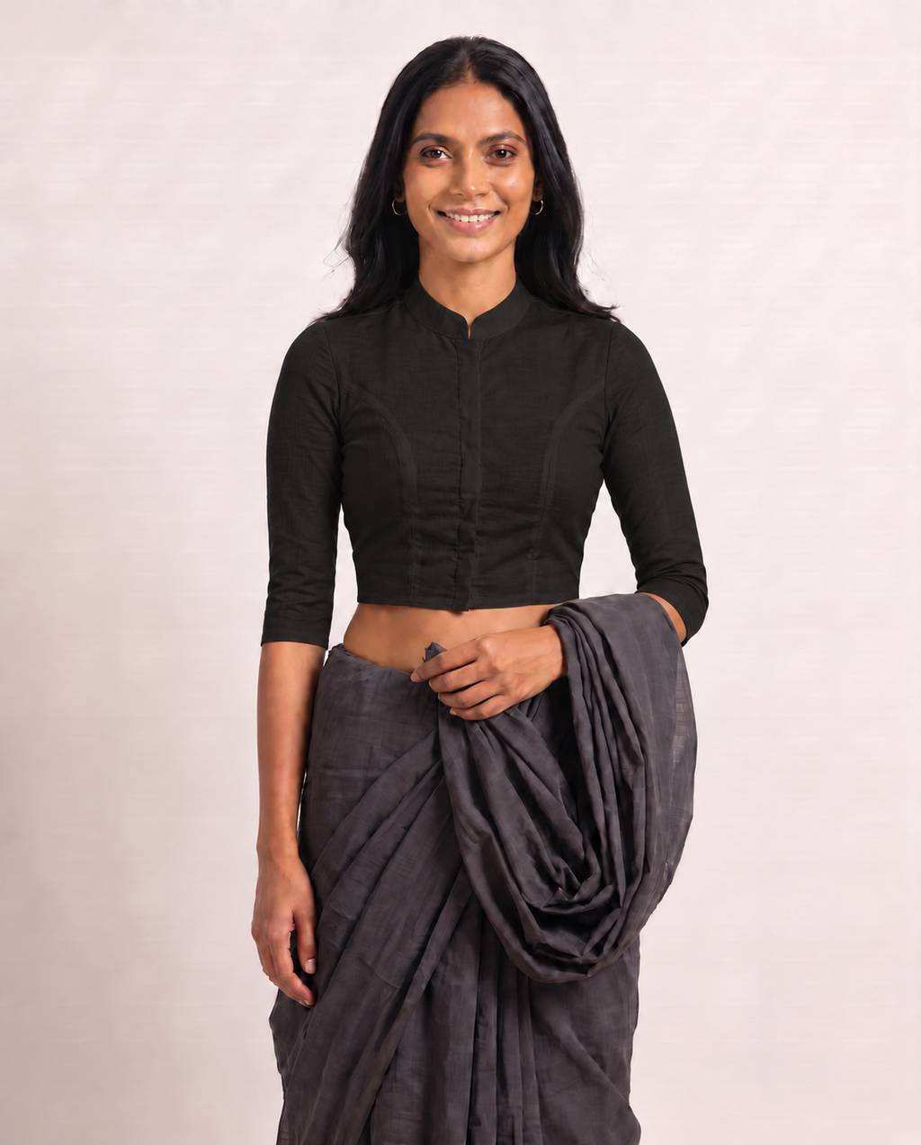 Classic Black 3/4 Sleeve Front Open Classic Blouse - 4.png