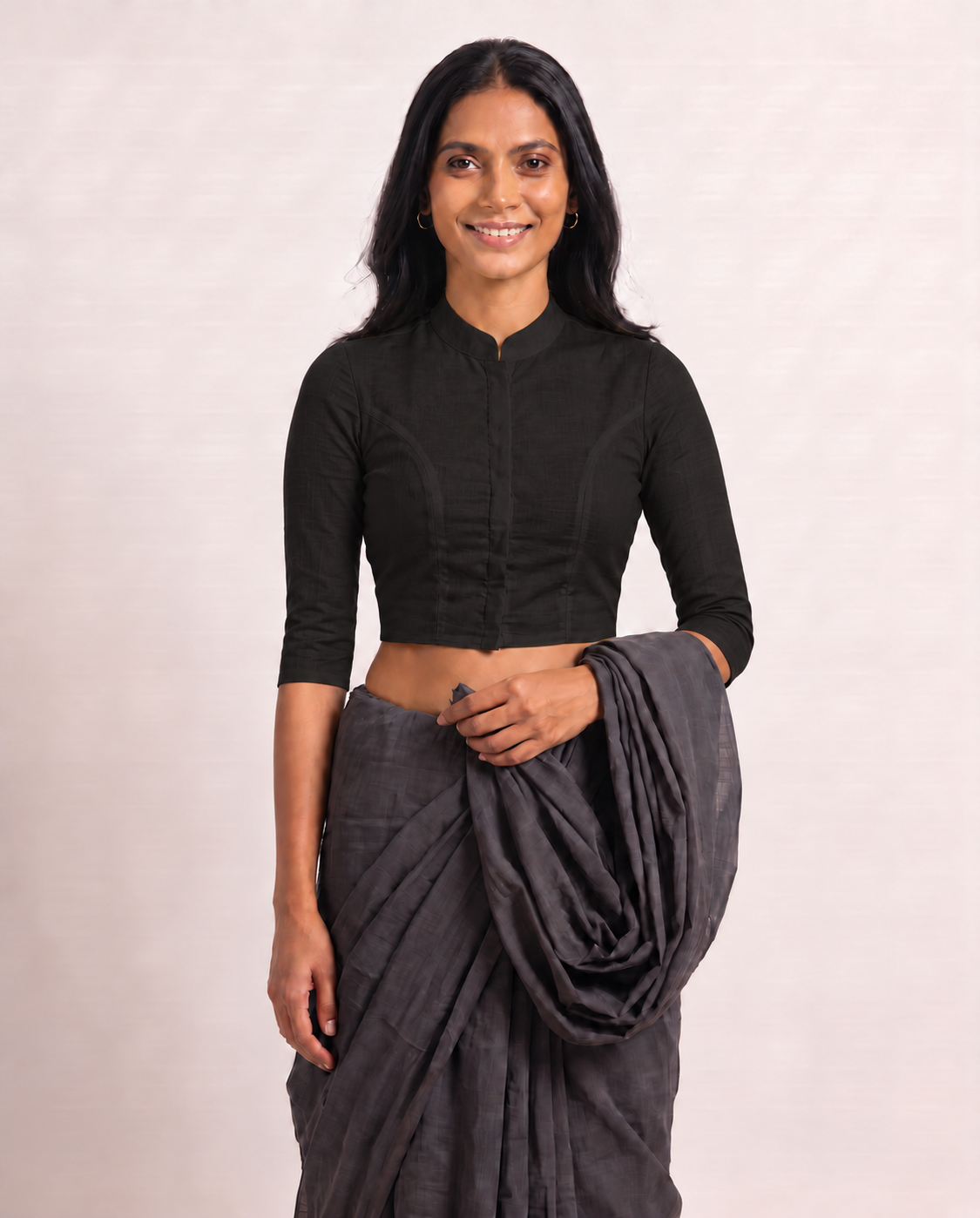 Classic Black 3/4 Sleeve Front Open Classic Blouse - 4.png