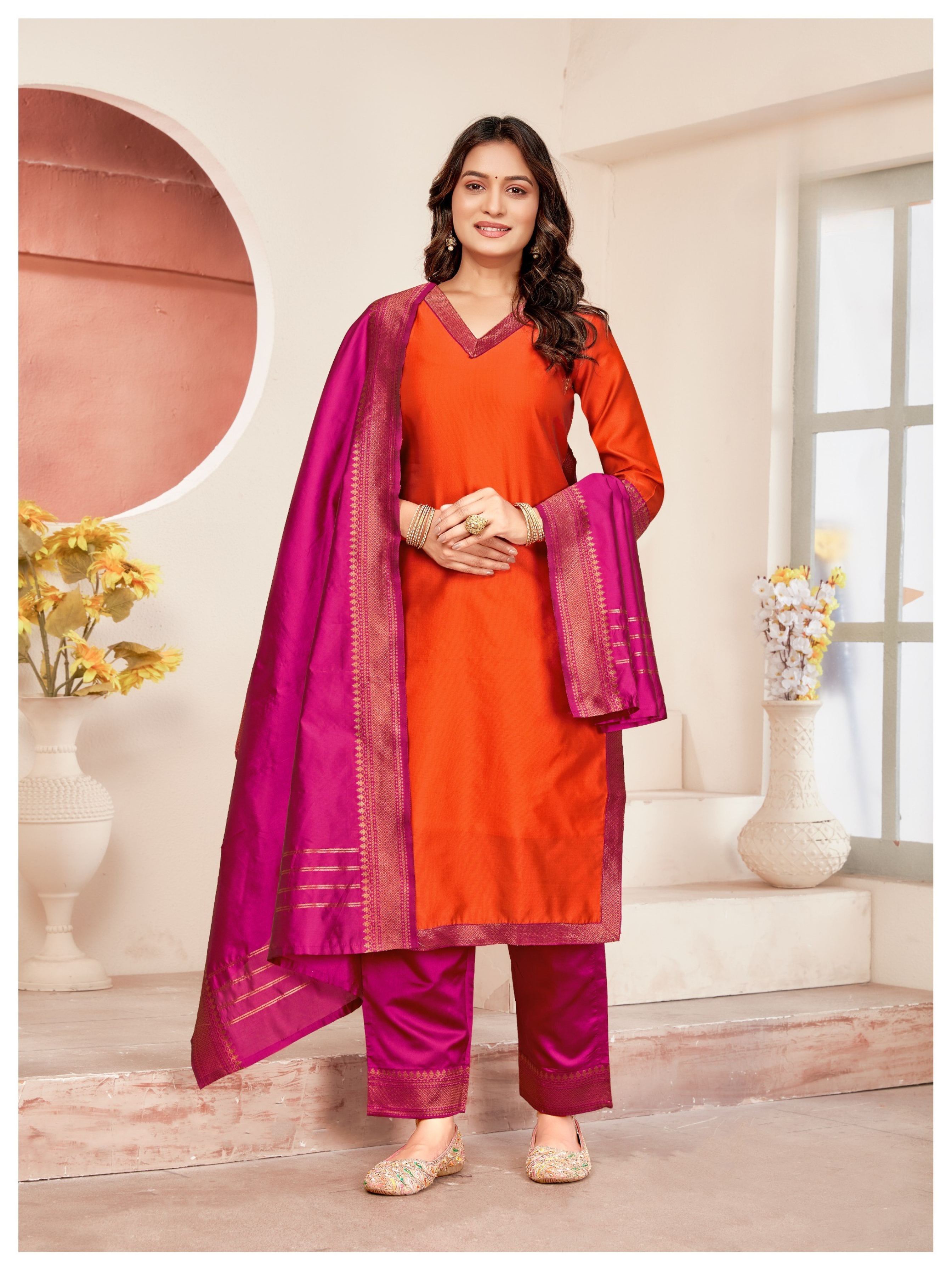 Orange Meera Lace Border 3 Piece Silk Suit