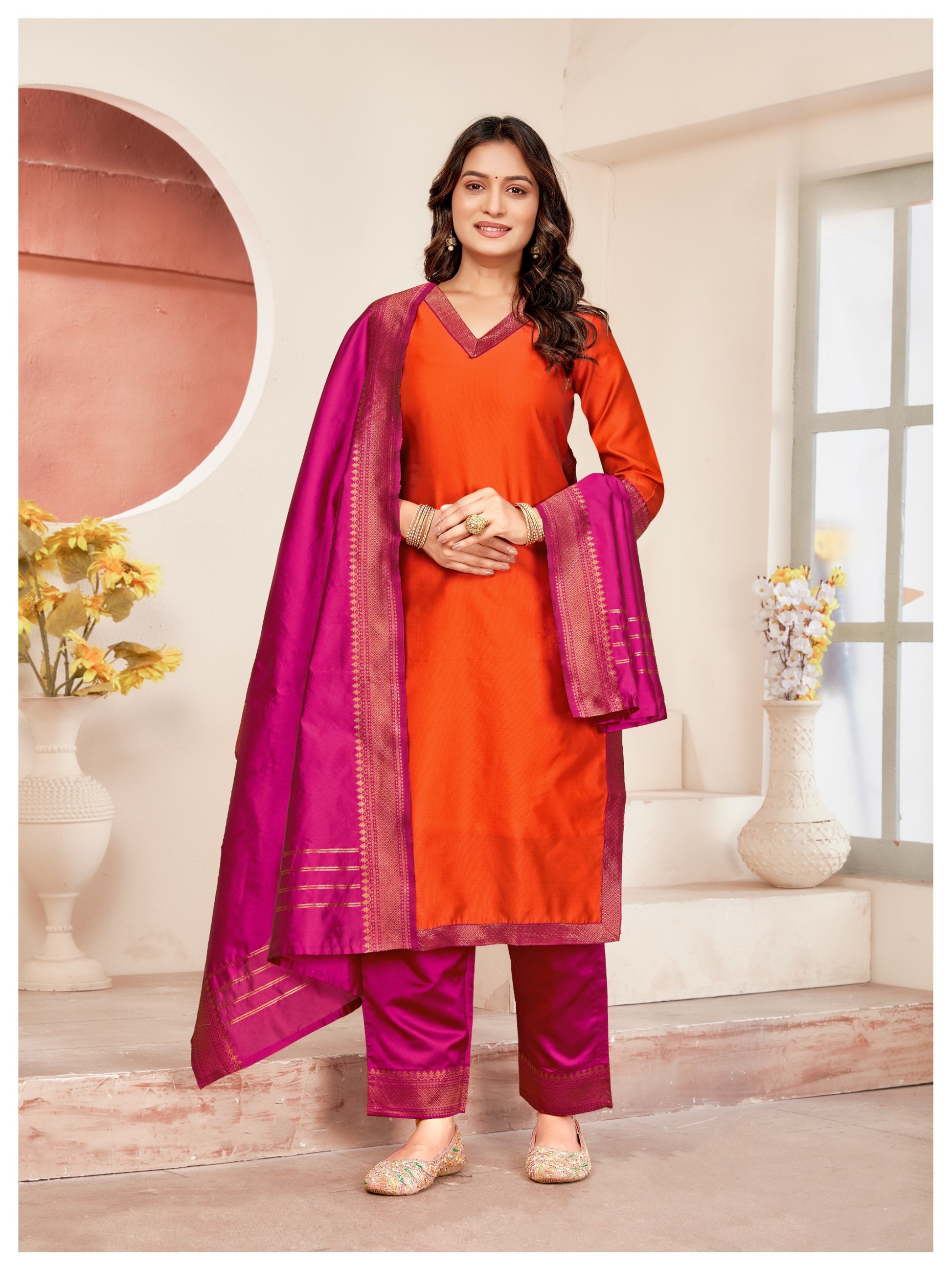 Orange Meera Lace Border 3 Piece Silk Suit
