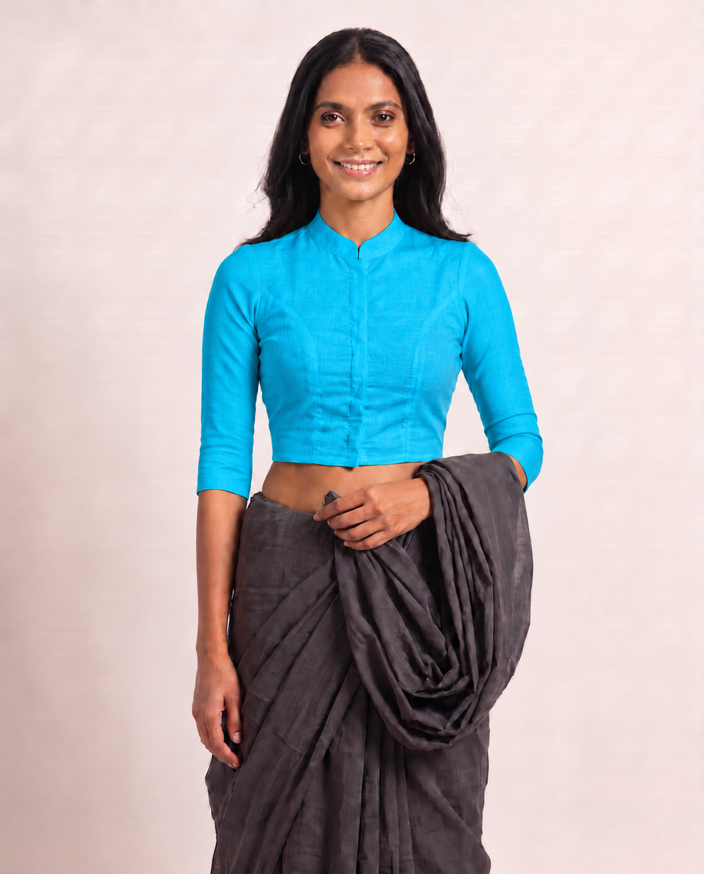 Aqua Bloom 3/4 Sleeve Front Open Classic Blouse - 4.png