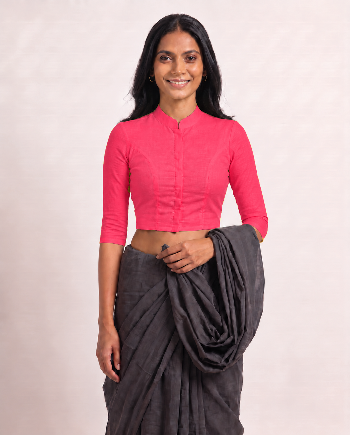Hot Pink High Neck 3/4 Sleeve blouse view 4
