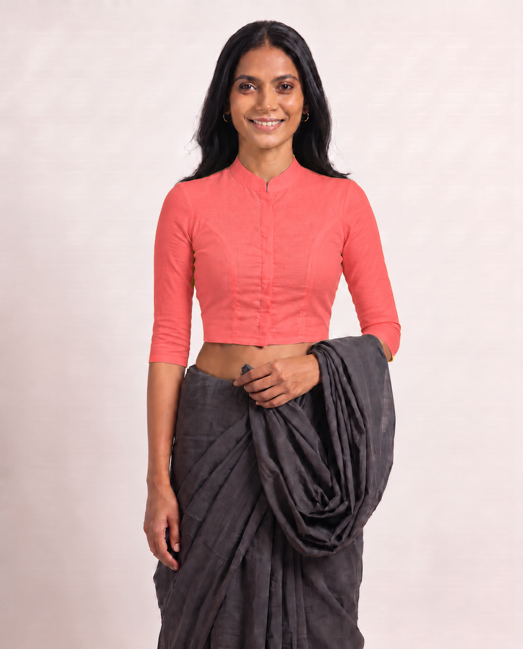 Coral Pink High Neck 3/4 Sleeve blouse view 4