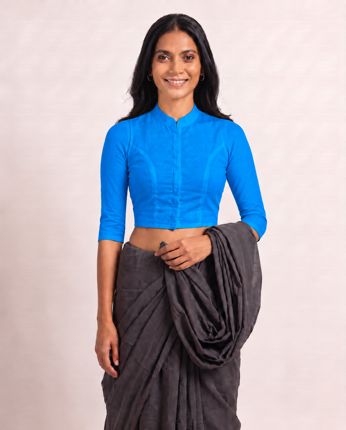 Royal Blue 3/4 Sleeve Front Open Classic Blouse - 4.png