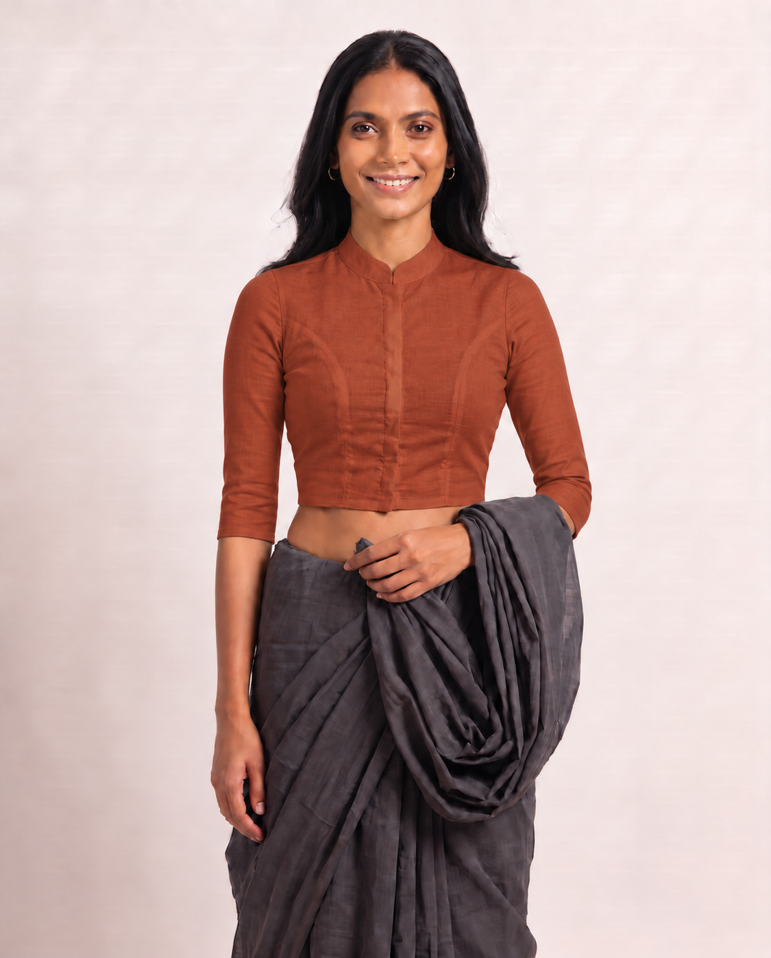 Terracotta 3/4 Sleeve Front Open Classic Blouse - 4.png