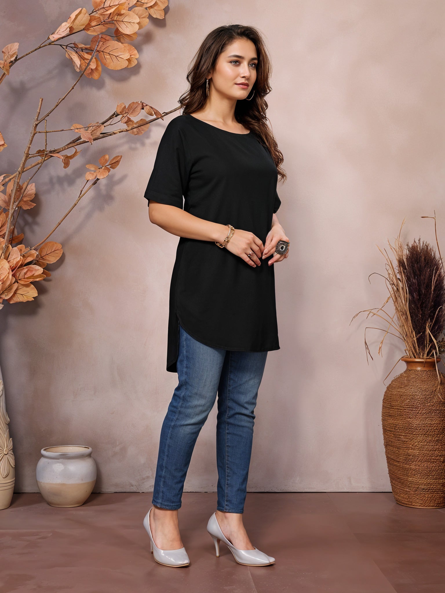 Black Boat Neck Short Sleeve Kurti Top – 100% Pure Viscose