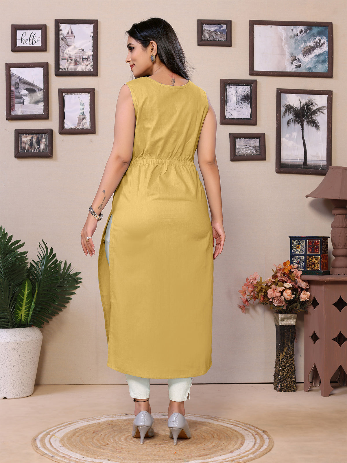 Sleeveless Beige Long Gown - 100% Pure Cotton