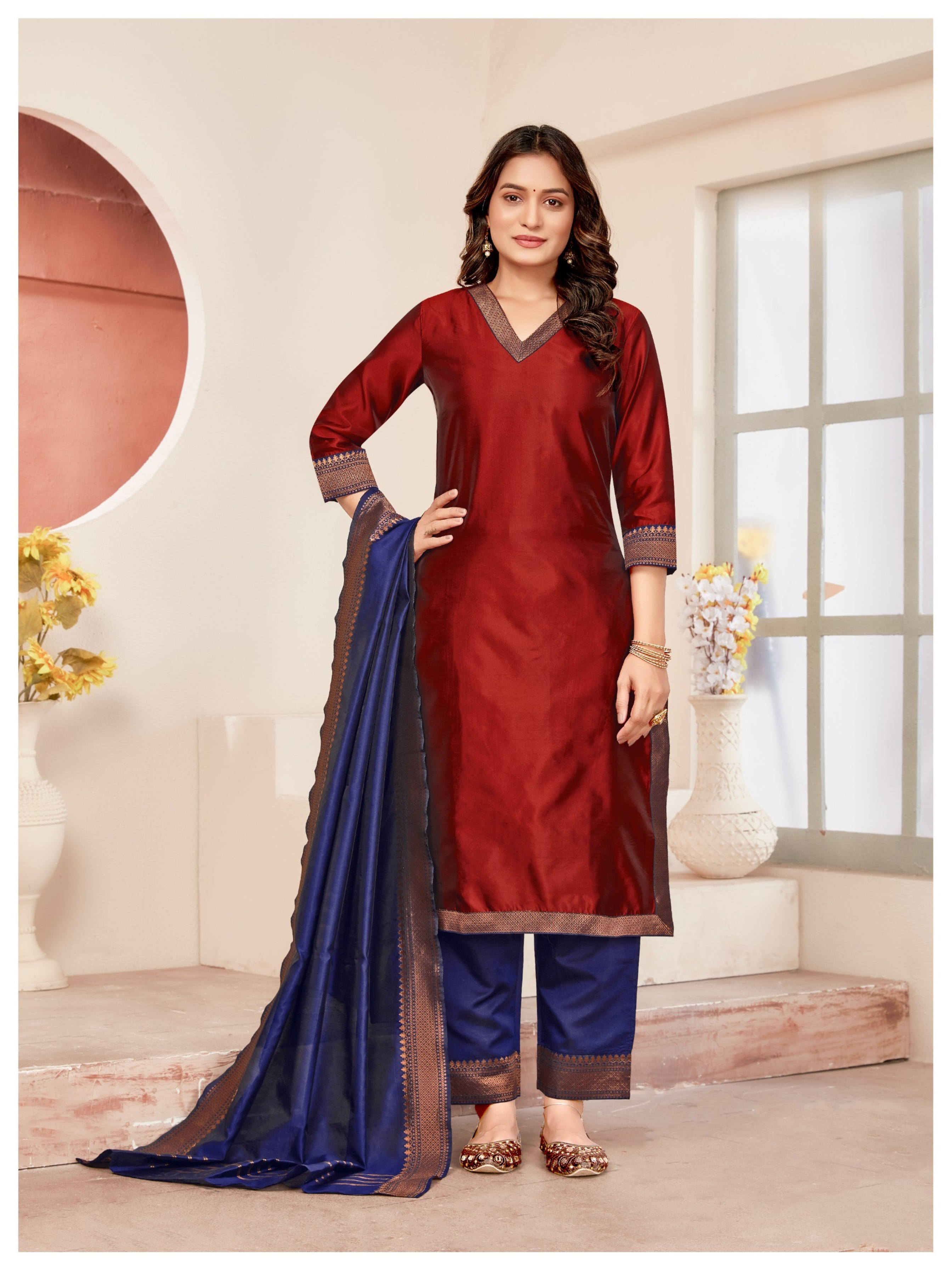 Red Meera Lace Border 3 Piece Silk Suit