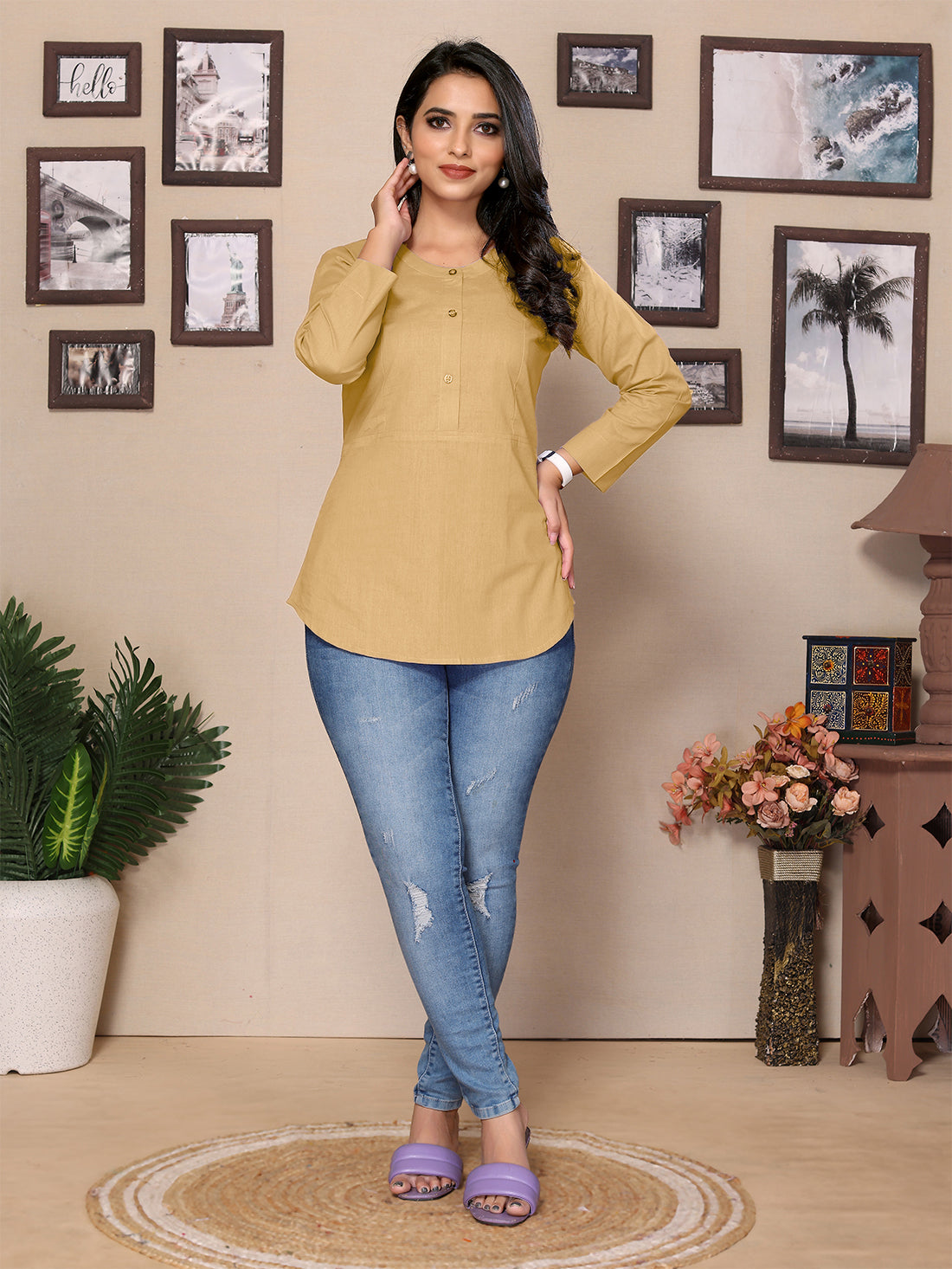 Biege Yoke design Short Kurti – 100% Pure Cotton