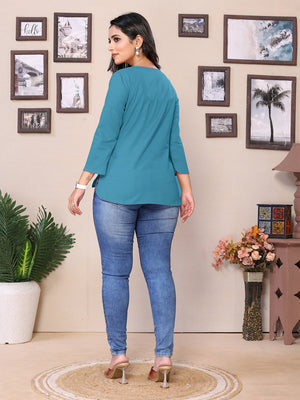 Teal Round V-Neck Short Kurti – 100% Pure Cotton