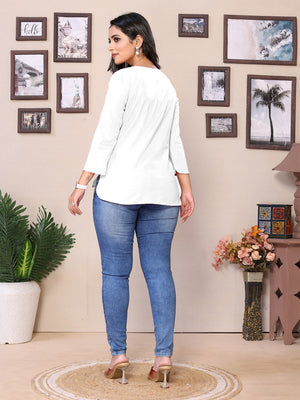White Round V-Neck Short Kurti – 100% Pure Cotton