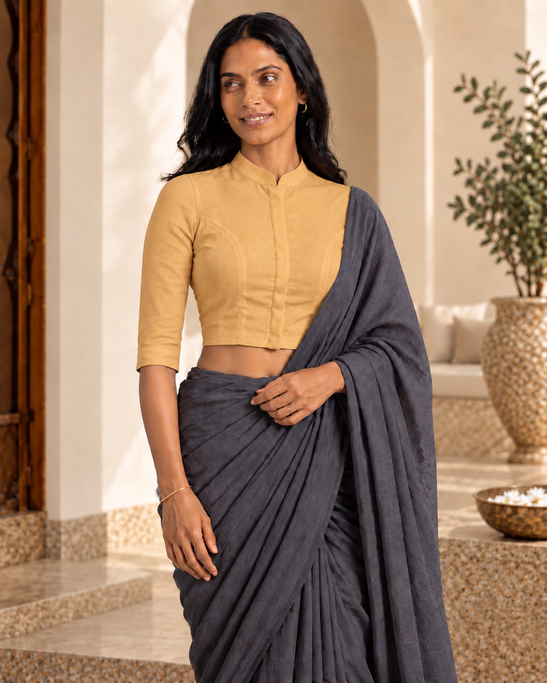 Marigold Glow 3/4 Sleeve Front Open Classic Blouse - 6.png