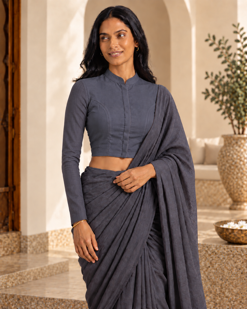 Slate Grey Full Sleeve Front Open Classic Blouse - 6.png
