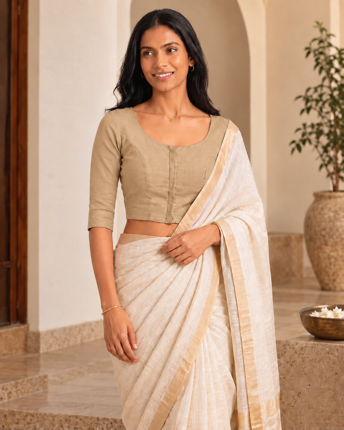 Sandy Beige 3/4 sleeve low-neck blouse, view 6
