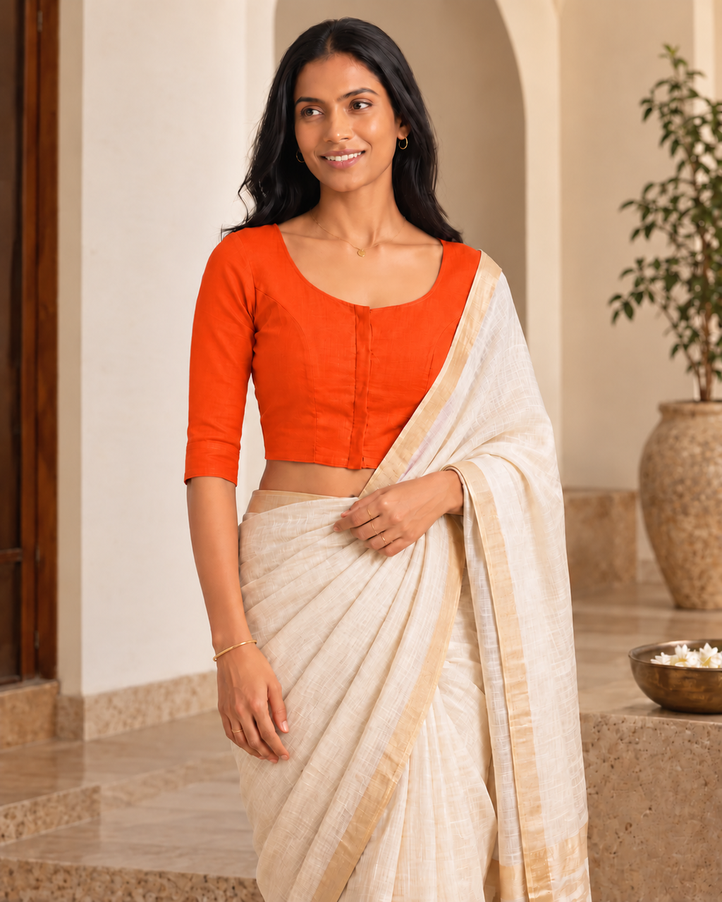 Neon Orange 3/4 sleeve low-neck blouse, view 6