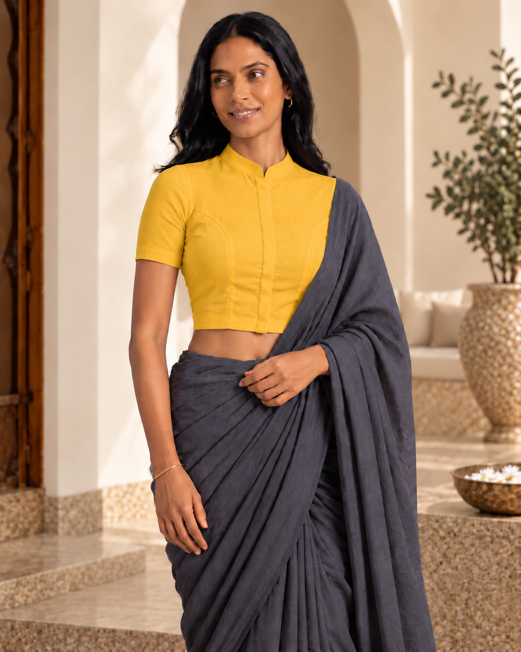 Golden Yellow High Neck Short Sleeve blouse view 6