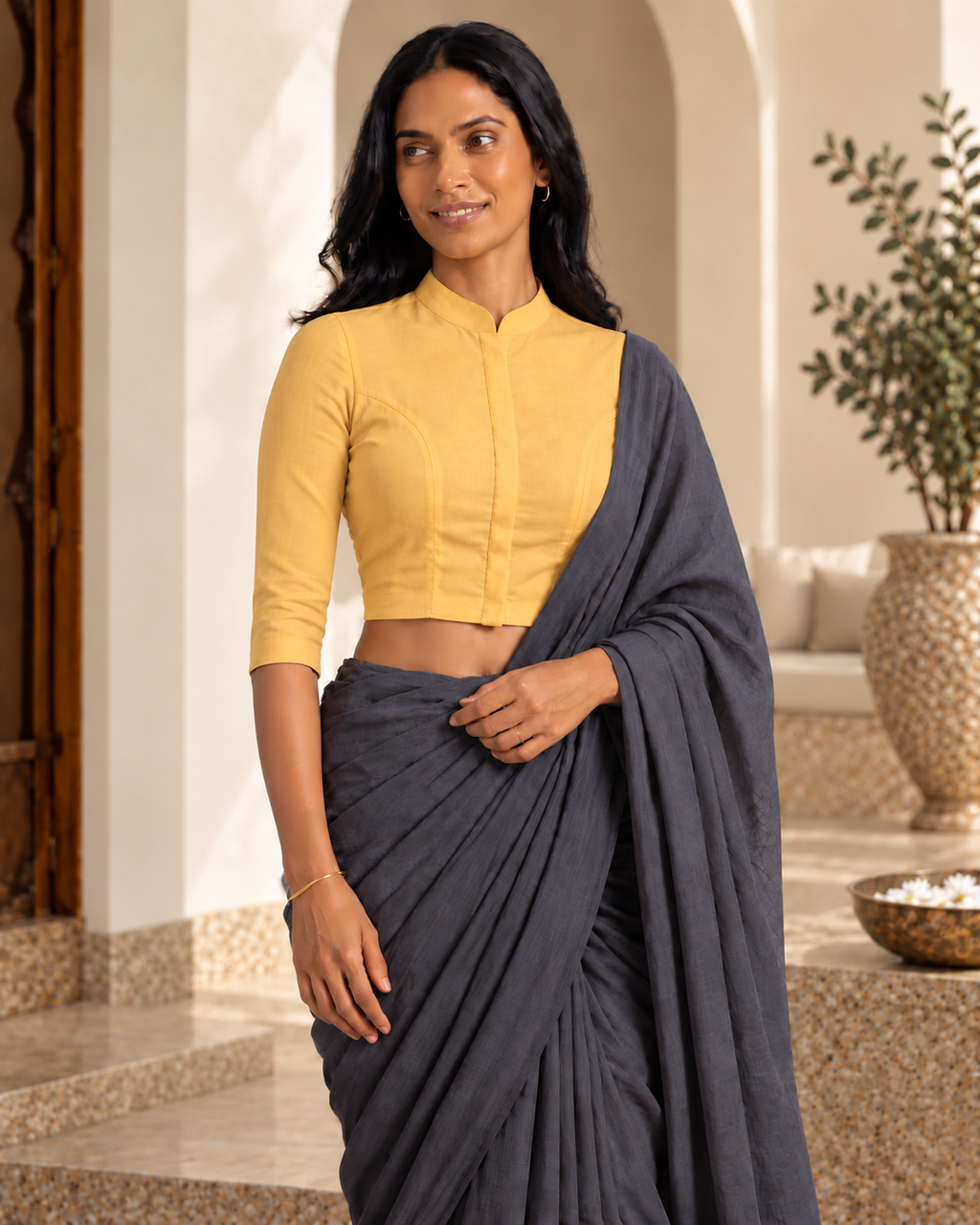 Sunshine Yellow 3/4 Sleeve Front Open Classic Blouse - 6.png
