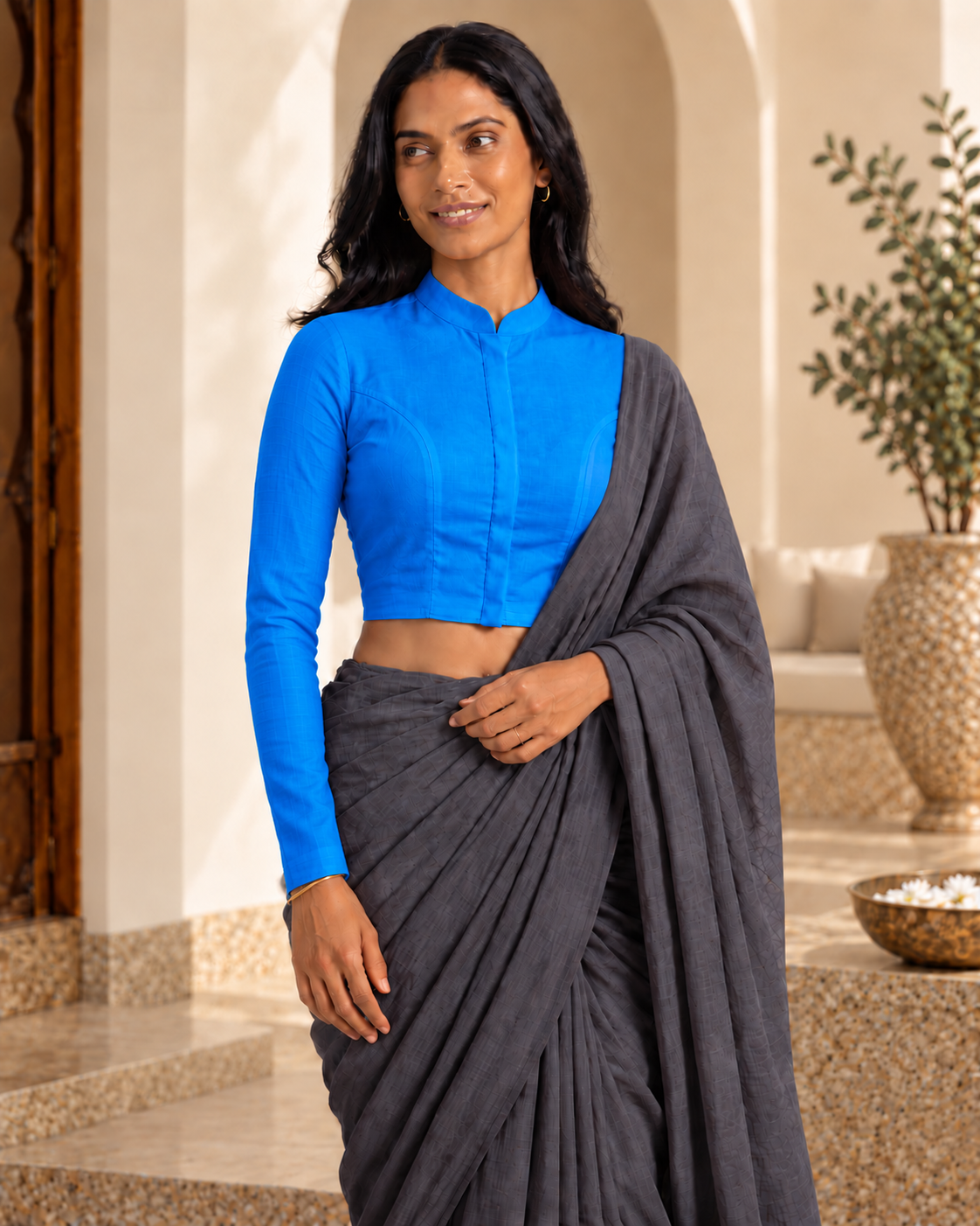 Royal Blue Full Sleeve Front Open Classic Blouse - 6.png