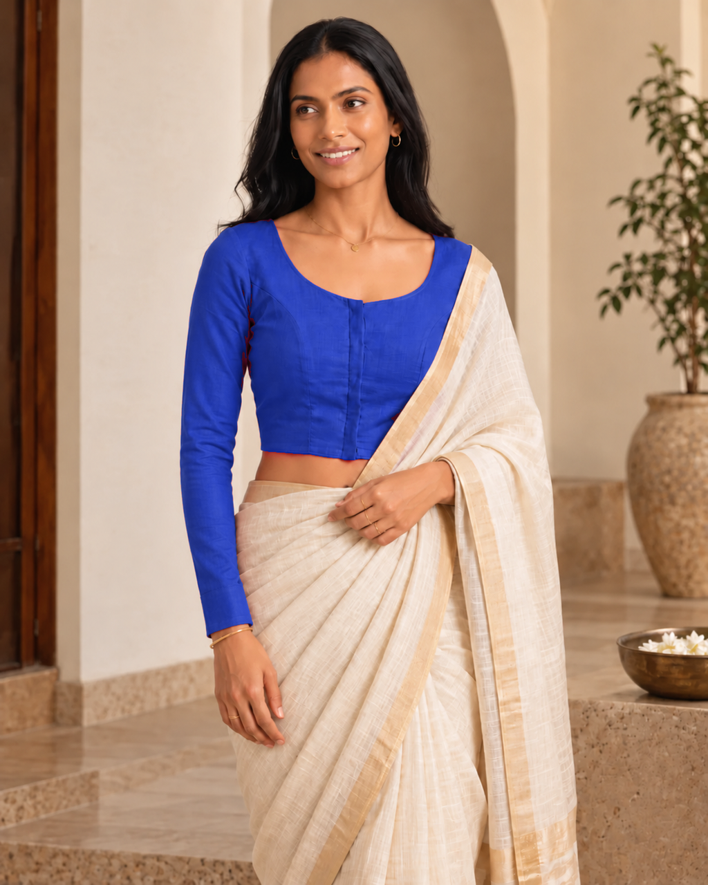 Cobalt Blue Low Neck Full Sleeve blouse view 6