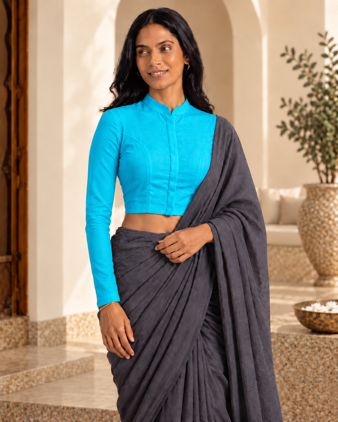 Aqua Bloom Full Sleeve Front Open Classic Blouse - 6.png