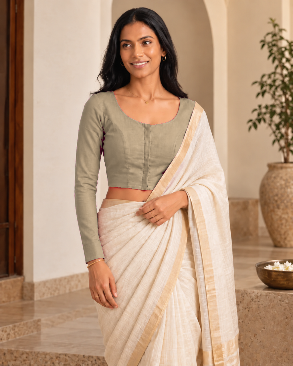 Sandy Beige Low Neck Full Sleeve blouse view 6