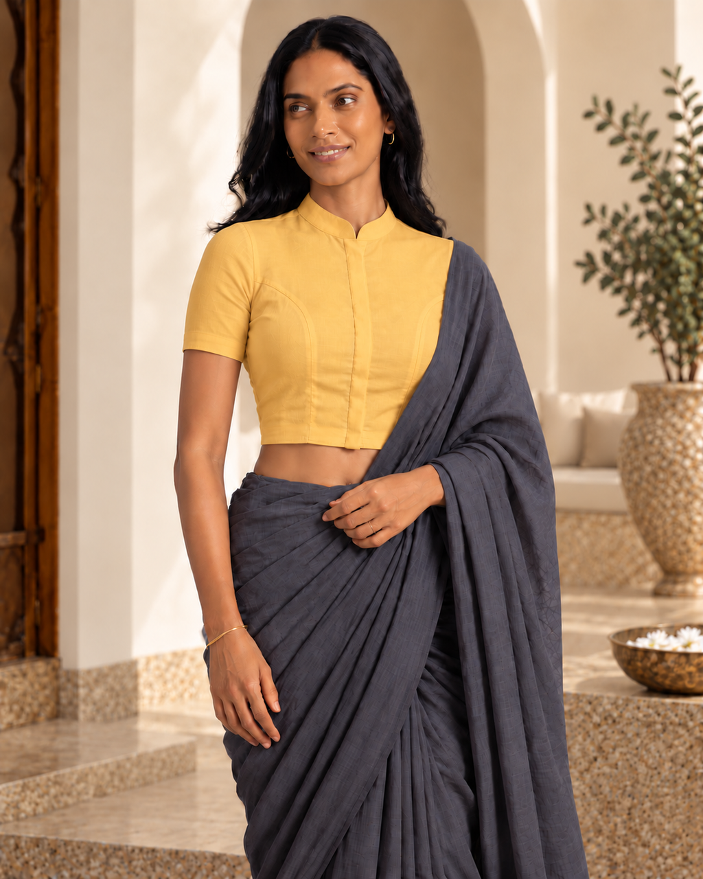 Sunshine Yellow Short Sleeve Front Open Classic Blouse - 6.png