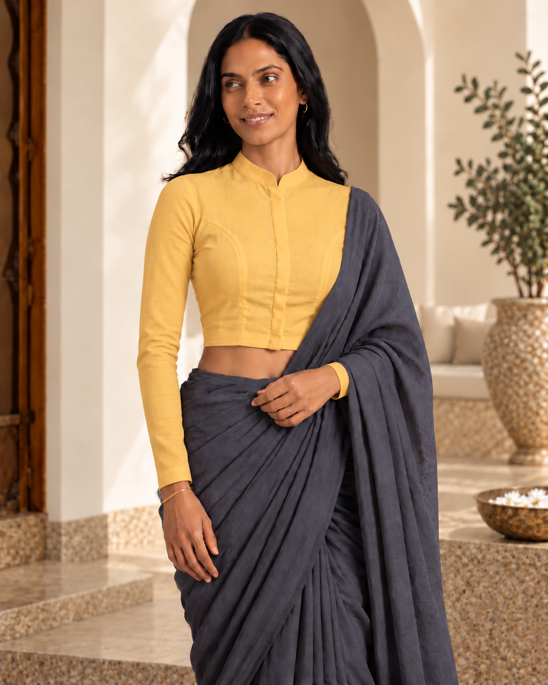 Sunshine Yellow Full Sleeve Front Open Classic Blouse - 6.png