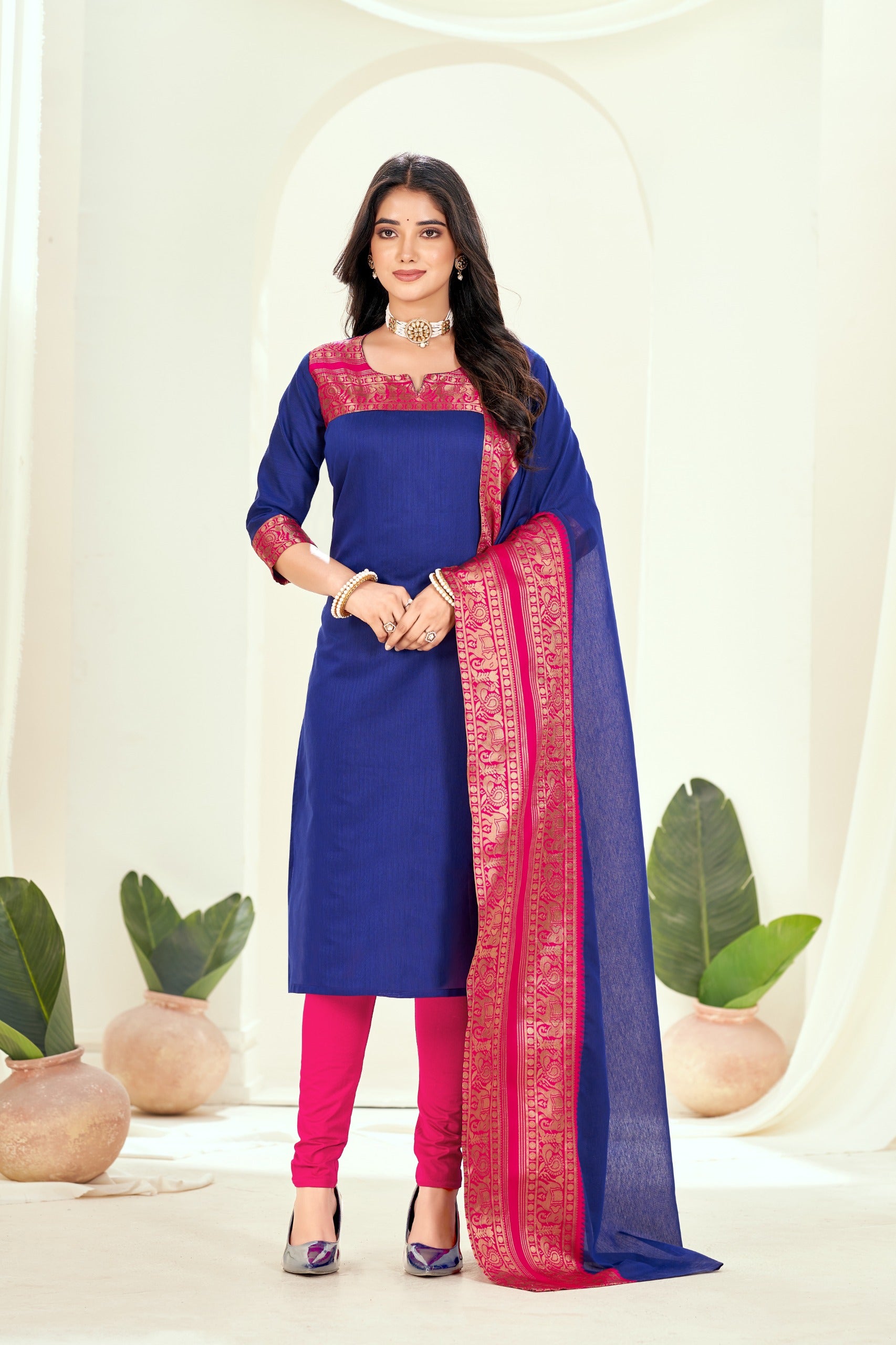 Navy blue Ethnic Cotton Kurta with dupatta