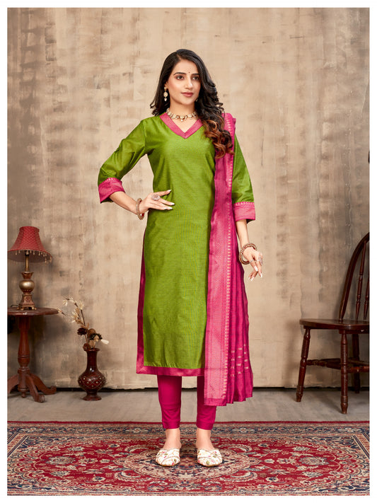 Green & Zari border Ethnic Cotton Kurta with dupatta