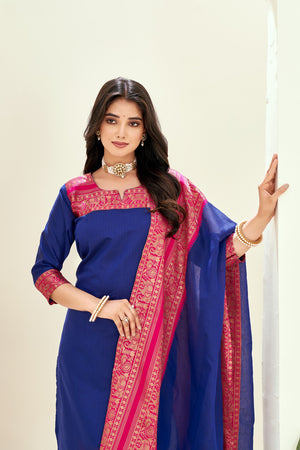 Navy blue Ethnic Cotton Kurta with dupatta