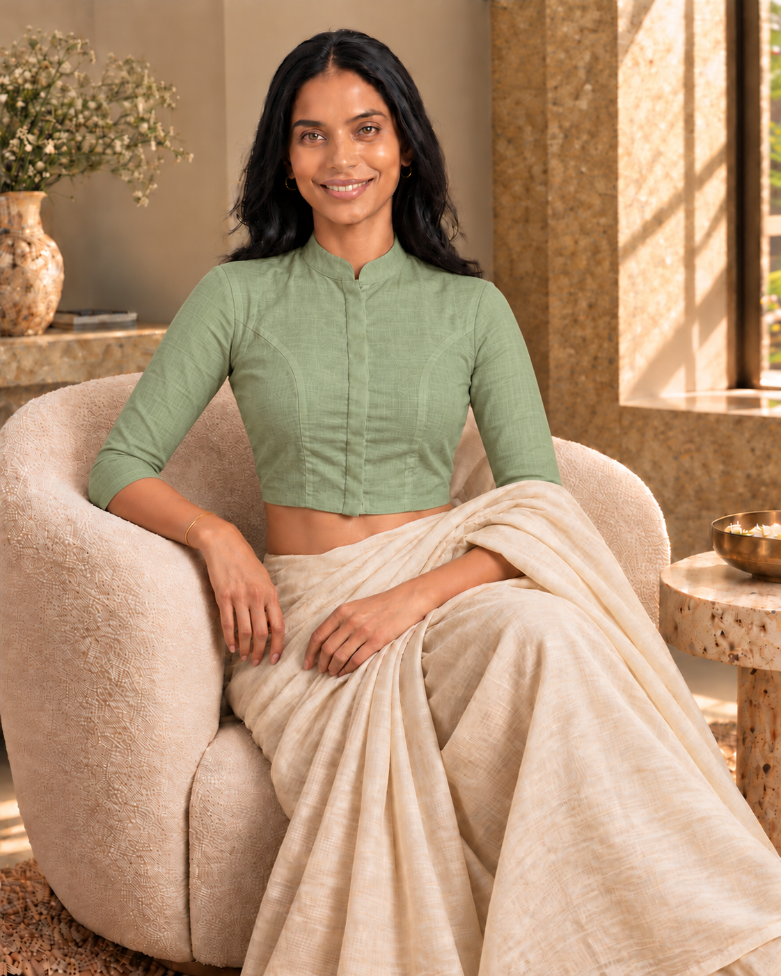 Sage Green 3/4 Sleeve Front Open Classic Blouse - 7.png