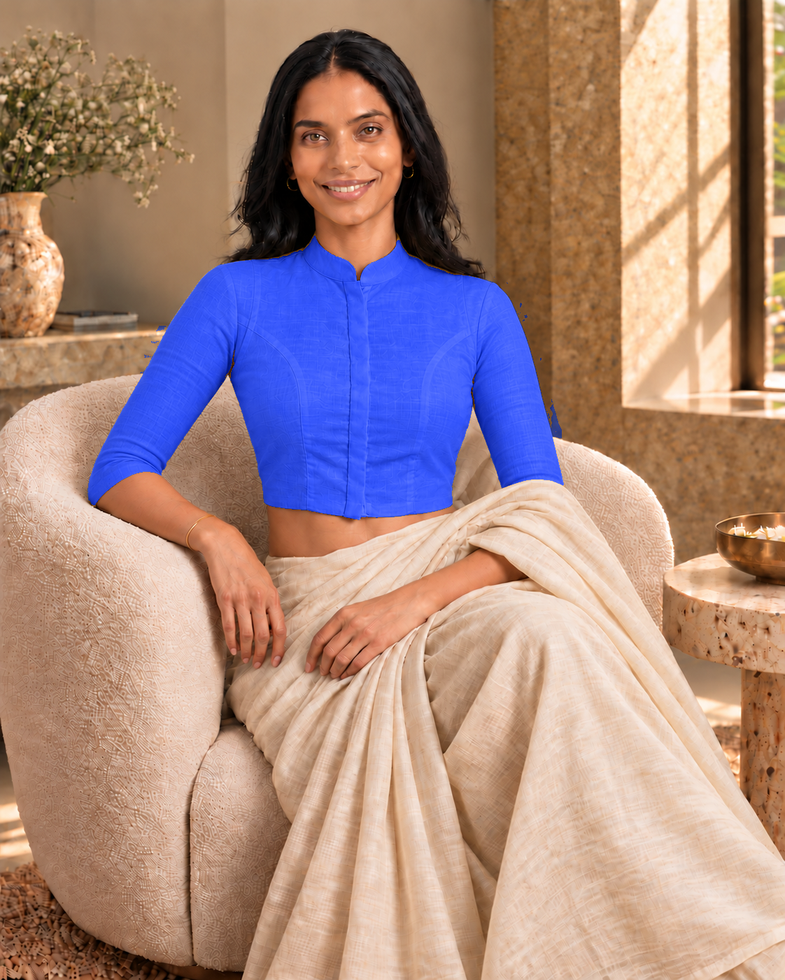 Cobalt Blue High Neck 3/4 Sleeve blouse view 7