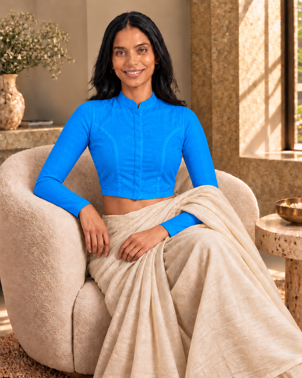 Royal Blue Full Sleeve Front Open Classic Blouse - 7.png