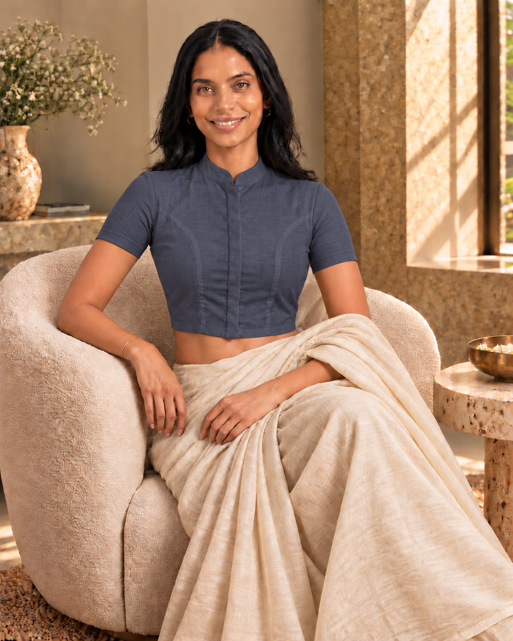 Slate Grey Short Sleeve Front Open Classic Blouse - 7.png
