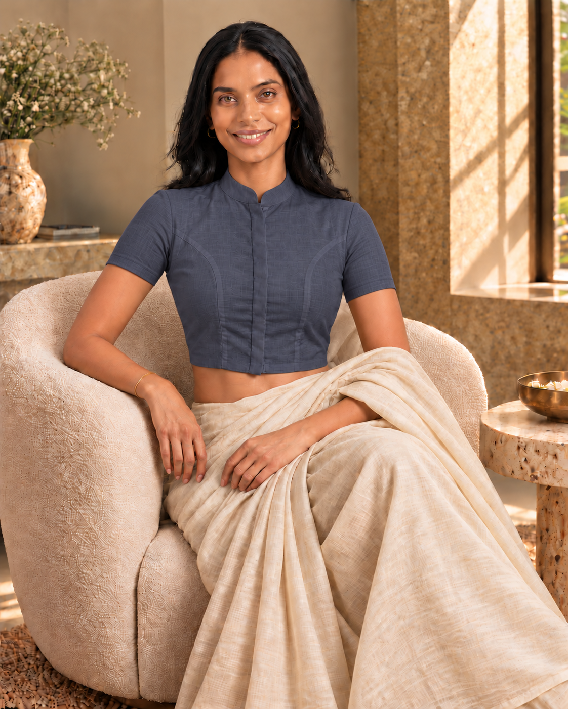 Slate Grey Short Sleeve Front Open Classic Blouse - 7.png