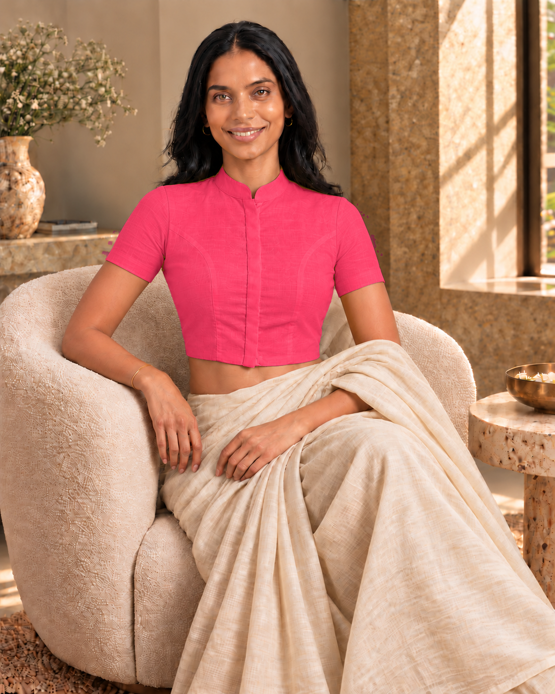 Hot Pink High Neck Short Sleeve blouse view 7