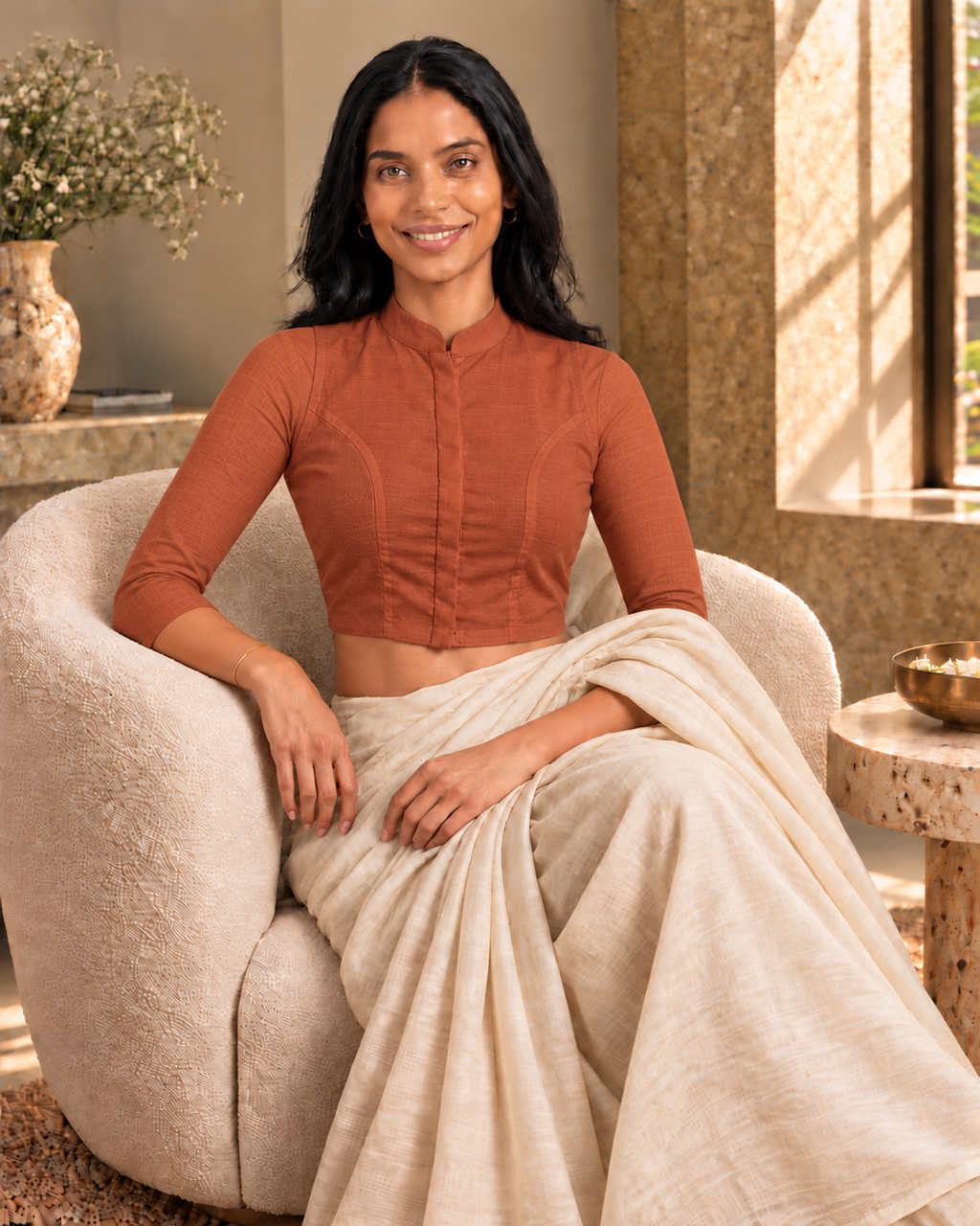 Terracotta 3/4 Sleeve Front Open Classic Blouse - 7.png