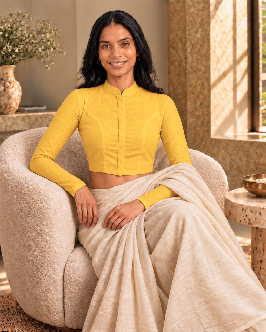 Sunshine Yellow Full Sleeve Front Open Classic Blouse - 7.png