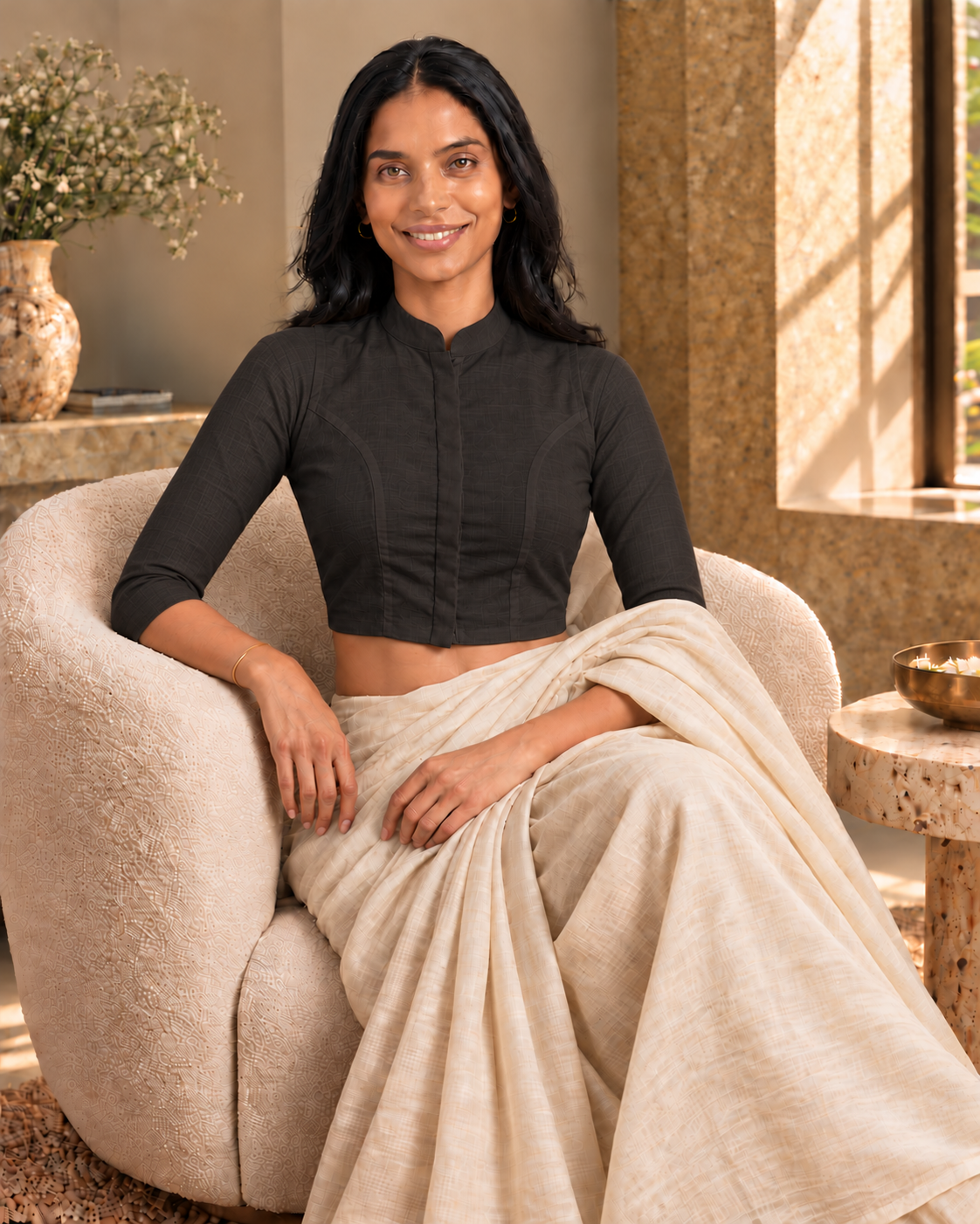 Classic Black 3/4 Sleeve Front Open Classic Blouse - 7.png