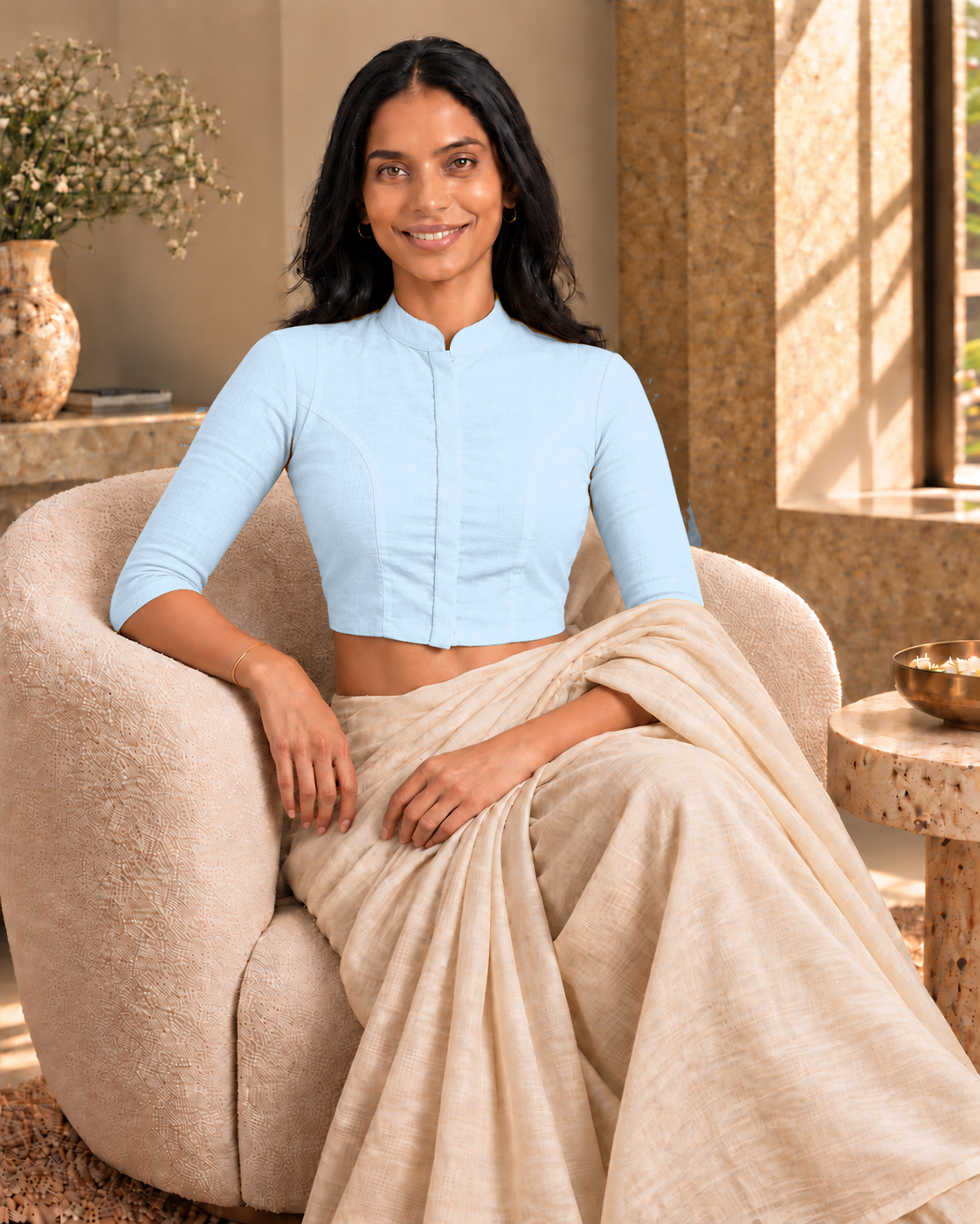 Powder Blue High Neck 3/4 Sleeve blouse view 7