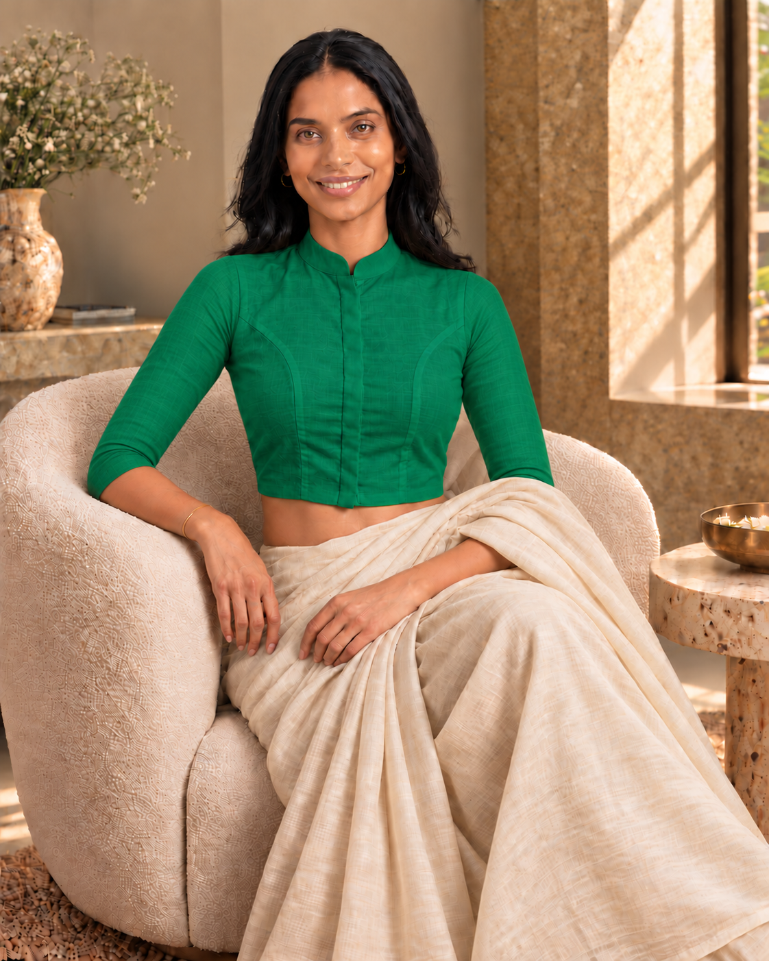 Emerald Green 3/4 Sleeve Front Open Classic Blouse - 7.png