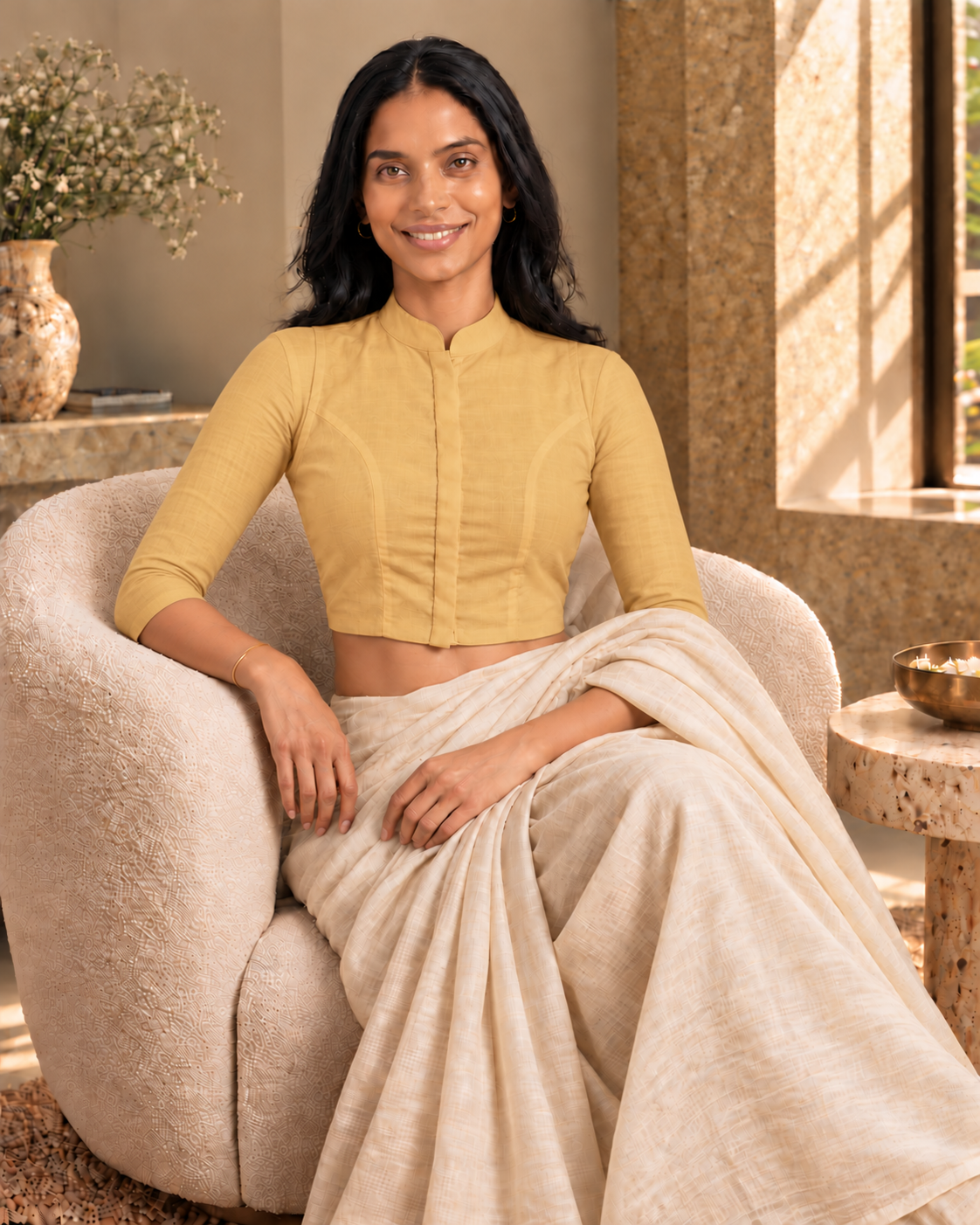 Marigold Glow 3/4 Sleeve Front Open Classic Blouse - 7.png