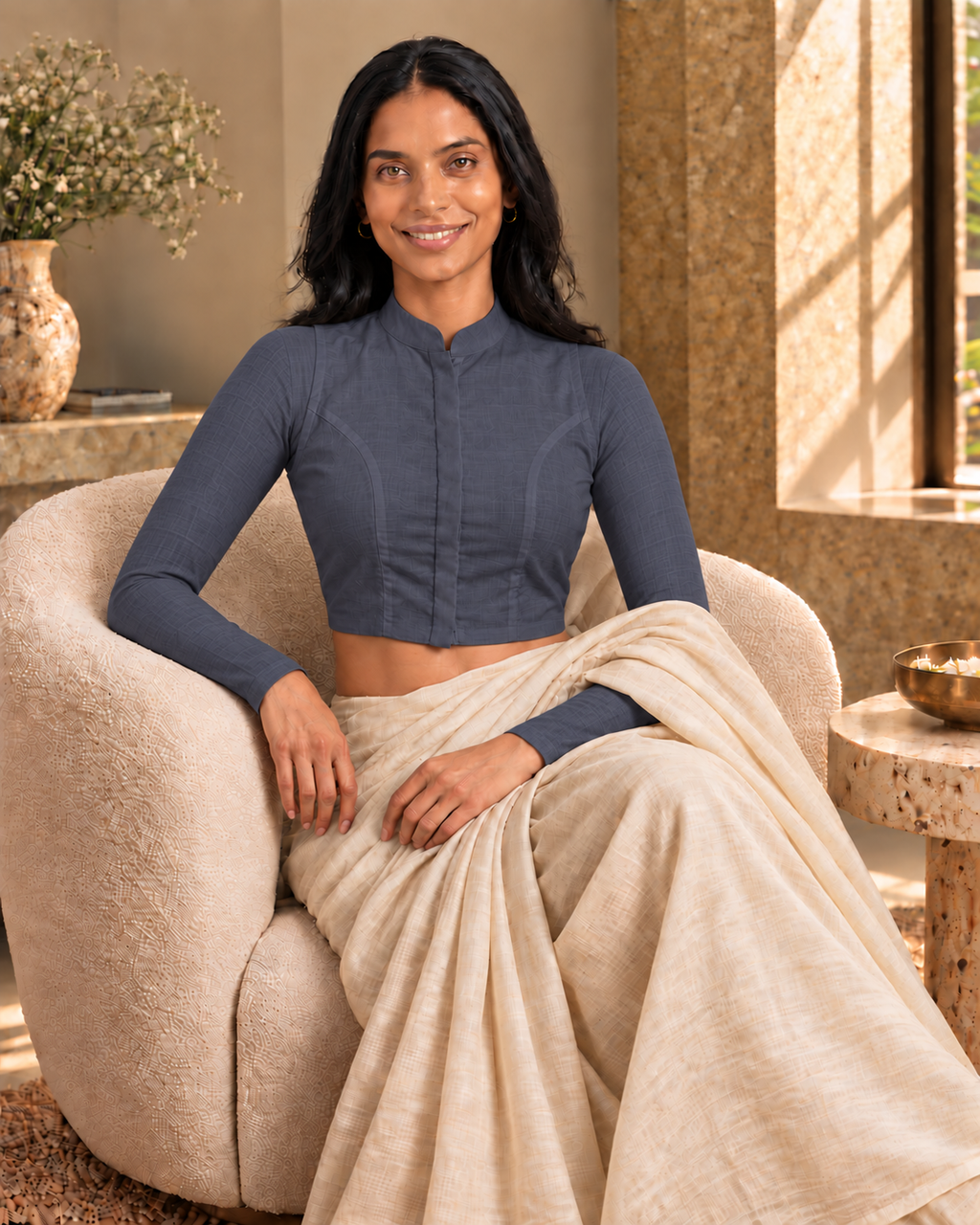 Slate Grey Full Sleeve Front Open Classic Blouse - 7.png