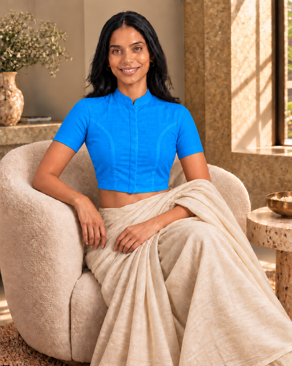 Royal Blue Short Sleeve Front Open Classic Blouse - 7.png