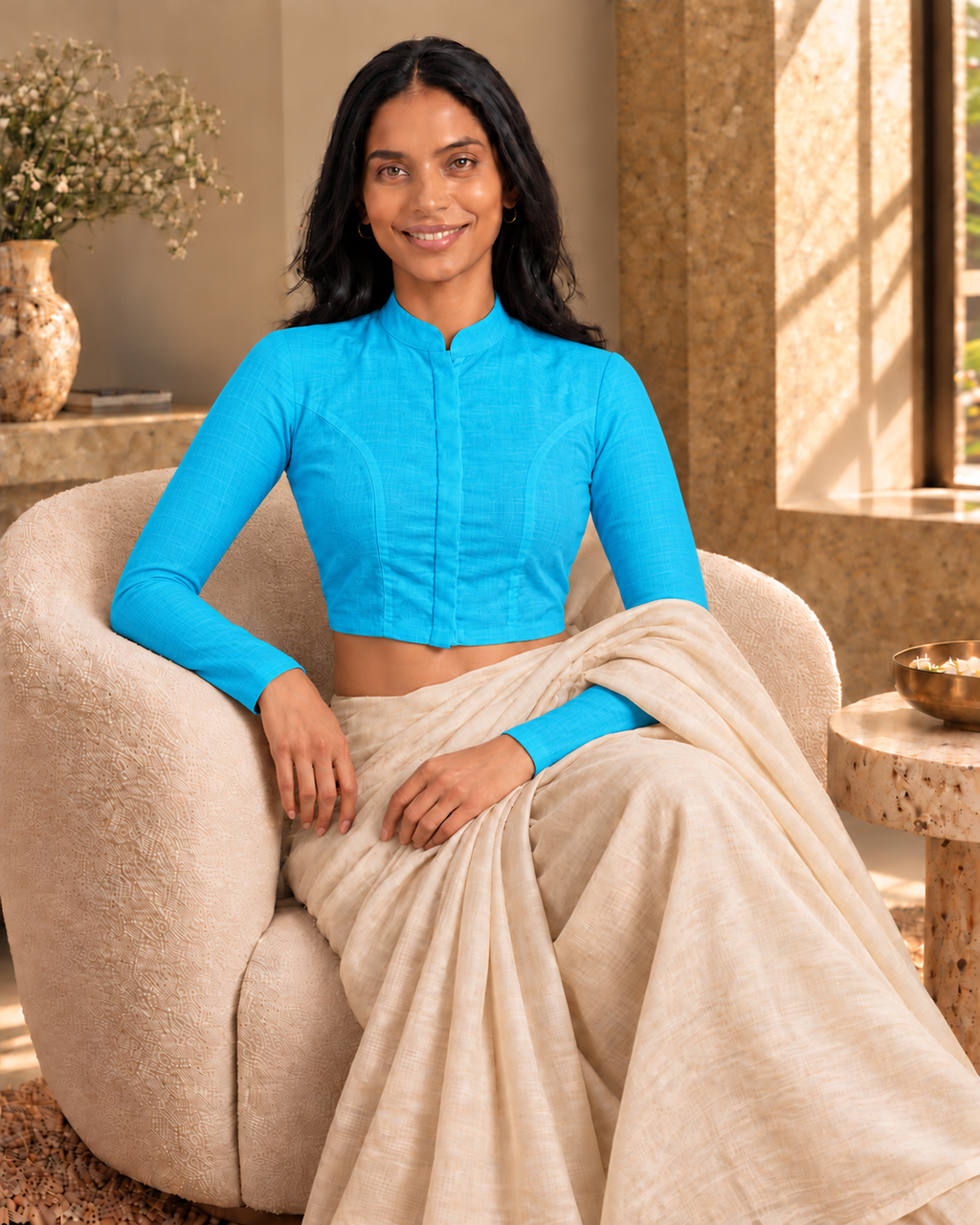 Aqua Bloom Full Sleeve Front Open Classic Blouse - 7.png