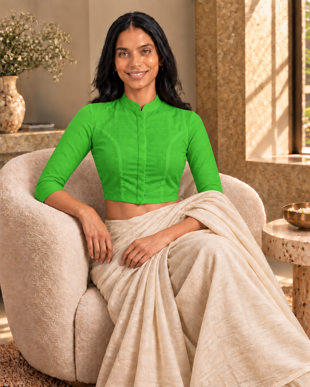 Meadow Green 3/4 Sleeve Front Open Classic Blouse - 7.png