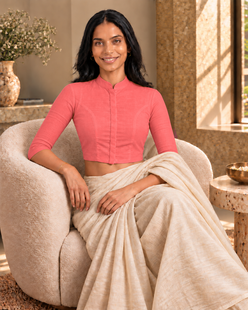 Coral Pink High Neck 3/4 Sleeve blouse view 7