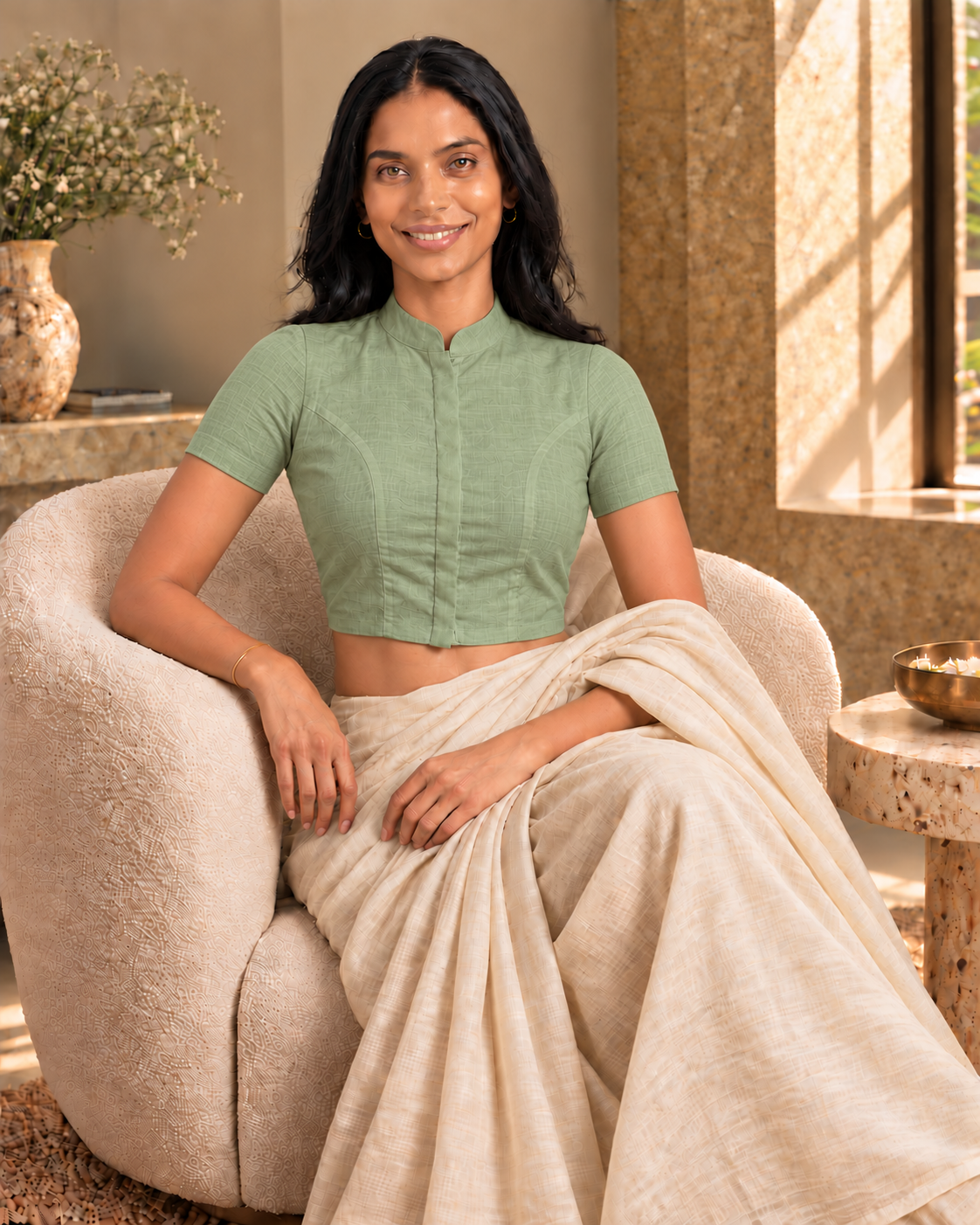 Sage Green Short Sleeve Front Open Classic Blouse - 7.png